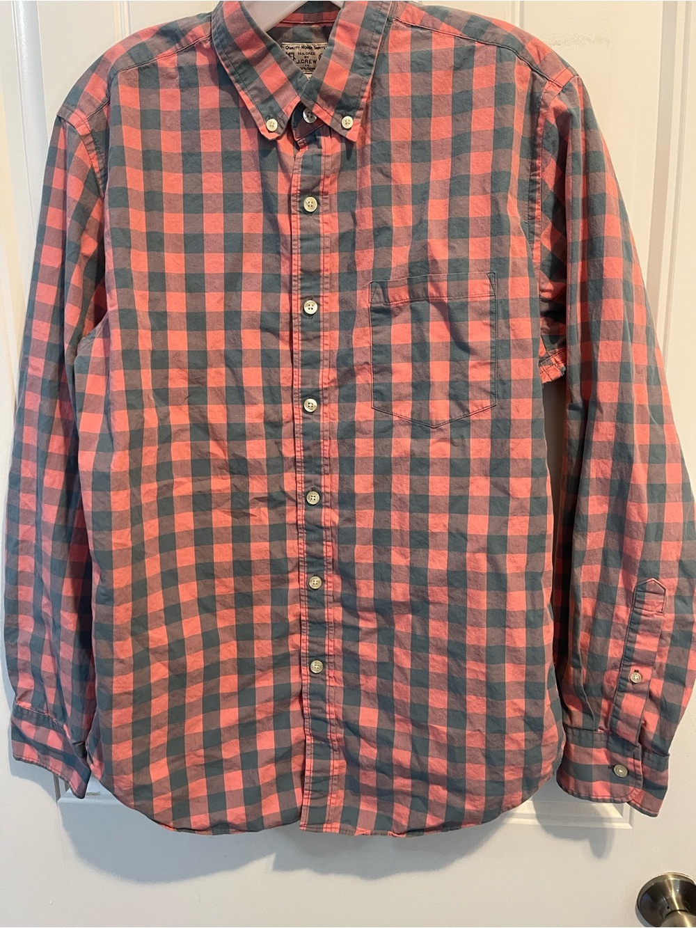 J. Crew Coral and Gray Check Button-Down Shirt basic Minimalist